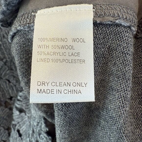 Lela Rose Sweater Merino Wool Blue Gray Floral Knit Lace V-Neck Crochet M - Picture 4 of 6